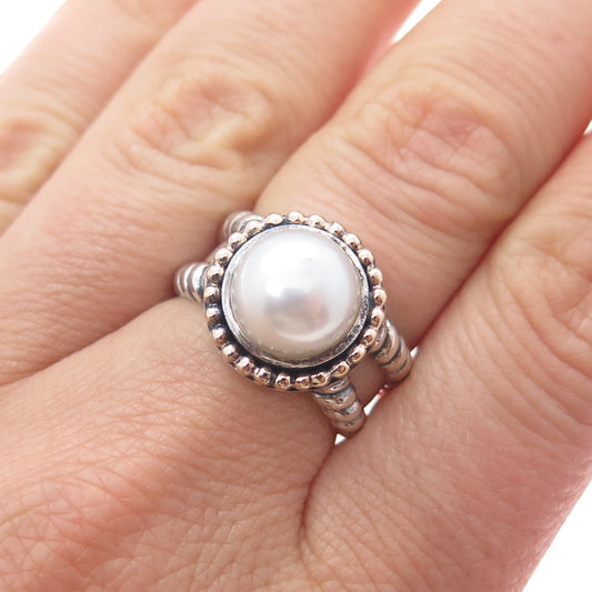 925 Sterling 14K Gold Vintage ATR Real Pearl Beaded Crisscross Ring Size 7.25