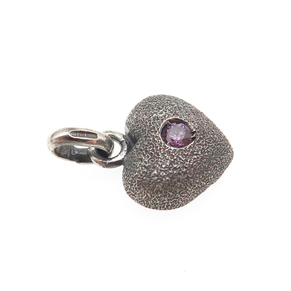 925 Sterling Silver Vintage VFH London Purple C Z Heart Mini Charm Pendant