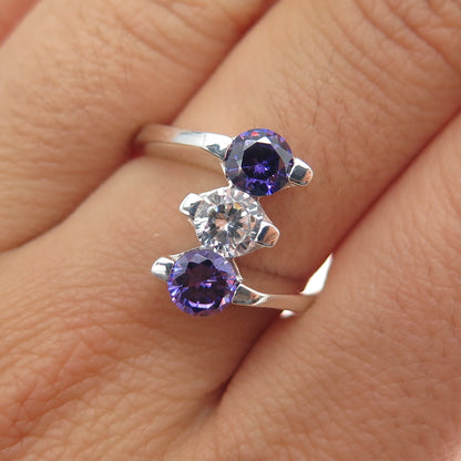 925 Sterling Silver Vintage Round-Cut Purple & White C Z Bypass Ring Size 7.25