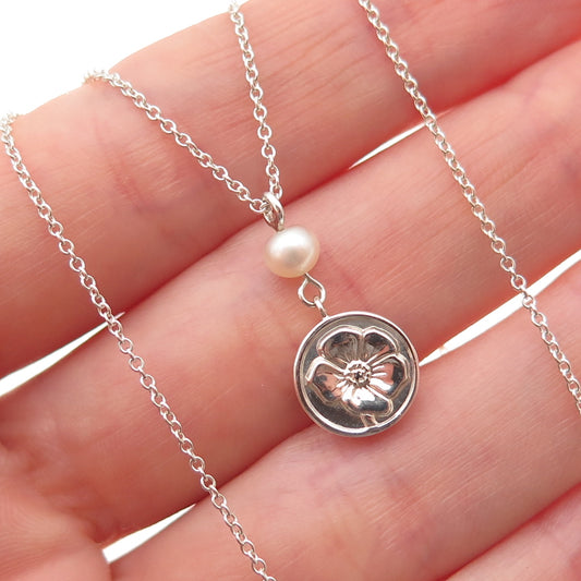 Tiffany & Co. 925 Sterling Silver Vintage Real Pearl Hibiscus Motif Necklace 16"