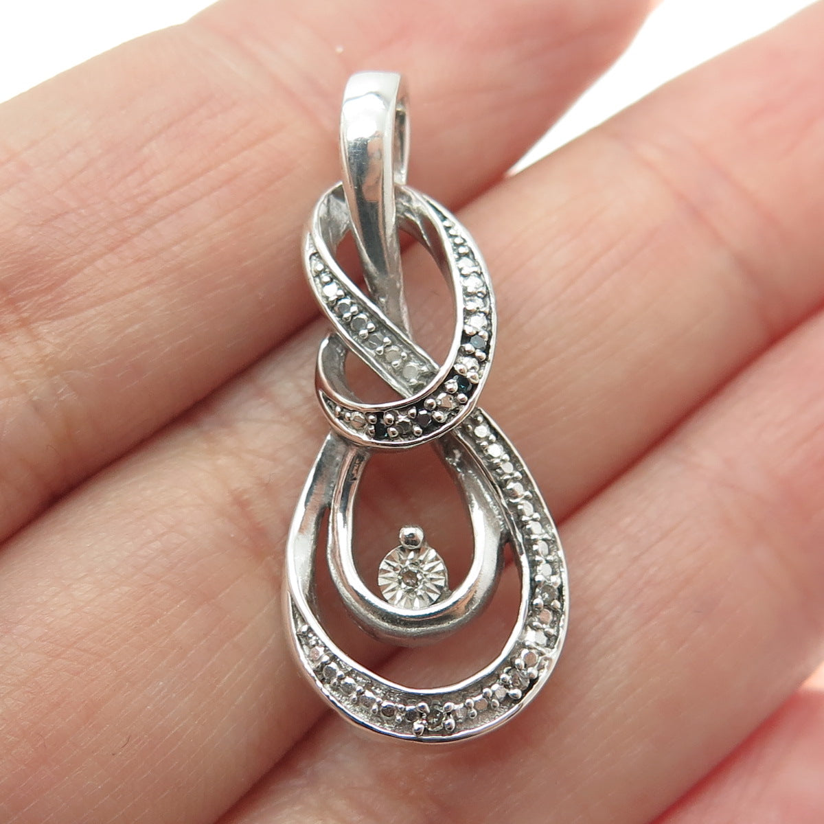 925 Sterling Silver Real Round-Cut Blue & White Diamond Twisted Knot Pendant
