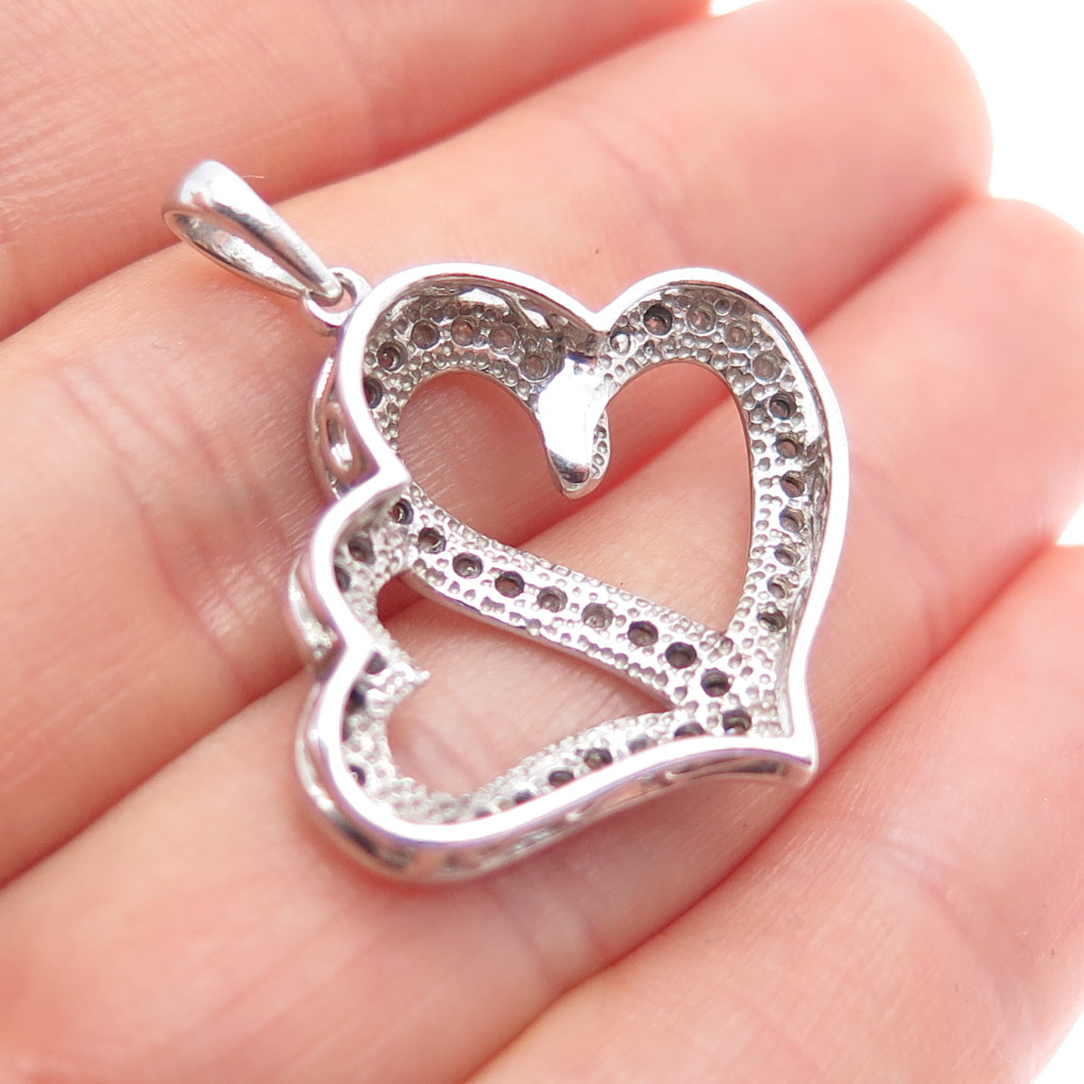 925 Sterling Silver Real Round-Cut Diamond Couple Heart Charm Pendant