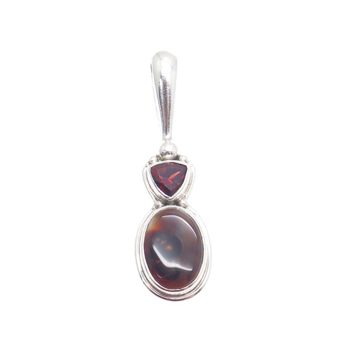 SAJEN 925 Sterling Silver Vintage Real Agate & Red Garnet Gemstone Pendant