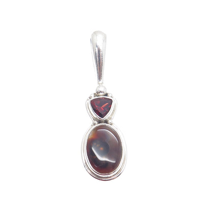 SAJEN 925 Sterling Silver Vintage Real Agate & Red Garnet Gemstone Pendant