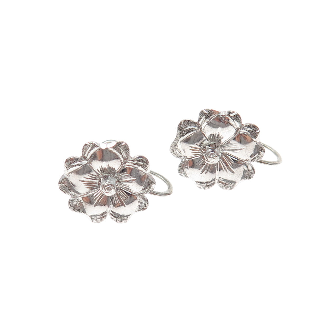 925 Sterling Silver Antique Art Deco Flower Blossom Screw Back Earrings