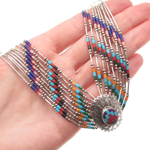 TK Emerson Navajo Old Pawn 925 Sterling Vintage Multi-Gem 10-Strand Necklace 24"