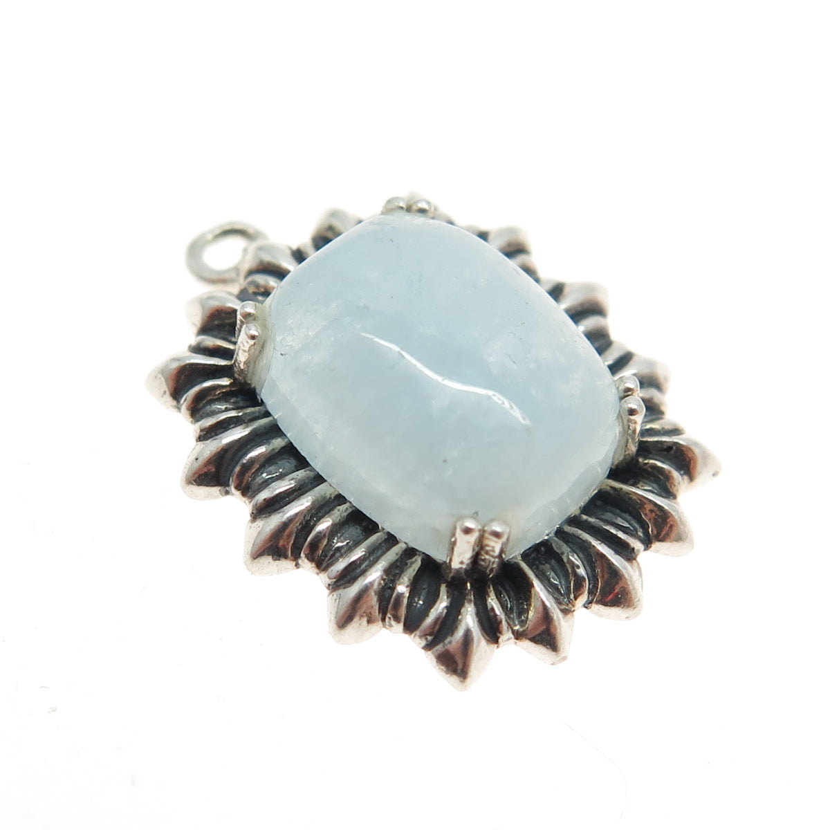 925 Sterling Silver Vintage Real Milky Aquamarine Gem Ribbed Pendant