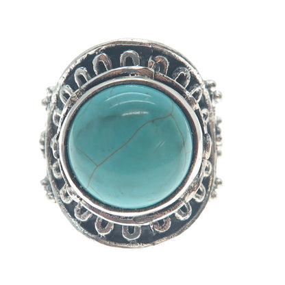 925 Sterling Silver Vintage Real Mountain Turquoise Sun Oxidized Ring Size 10.75