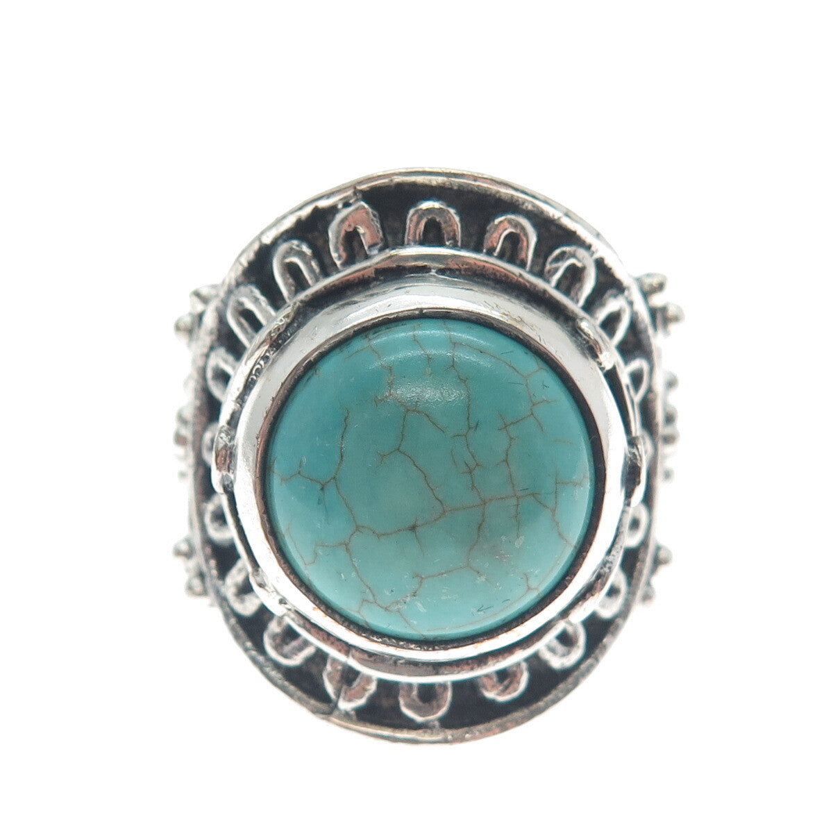 925 Sterling Silver Vintage Lone Mountain Turquoise Sun Oxidized Ring Size 10.5