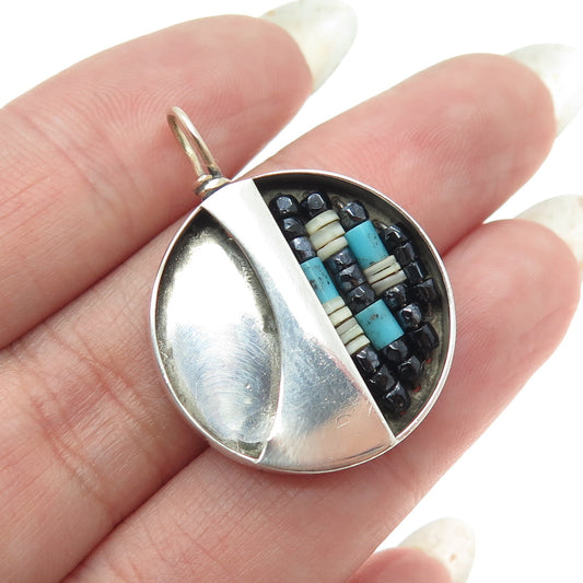 JOHNSON LARGO Old Pawn 925 Sterling Silver Turquoise White & Black Onyx Pendant