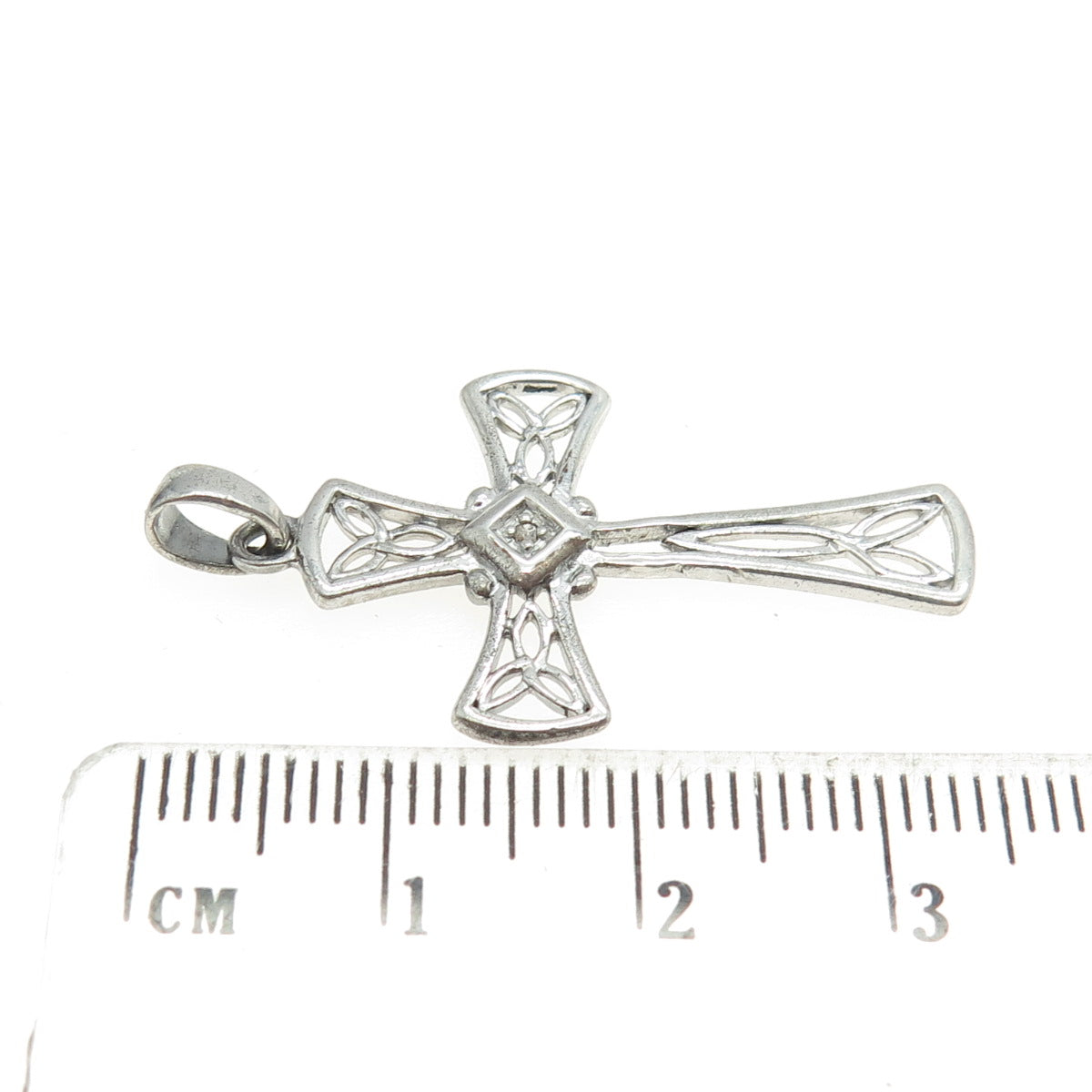 925 Sterling Silver Real Diamond Filigree Cross Religious Pendant