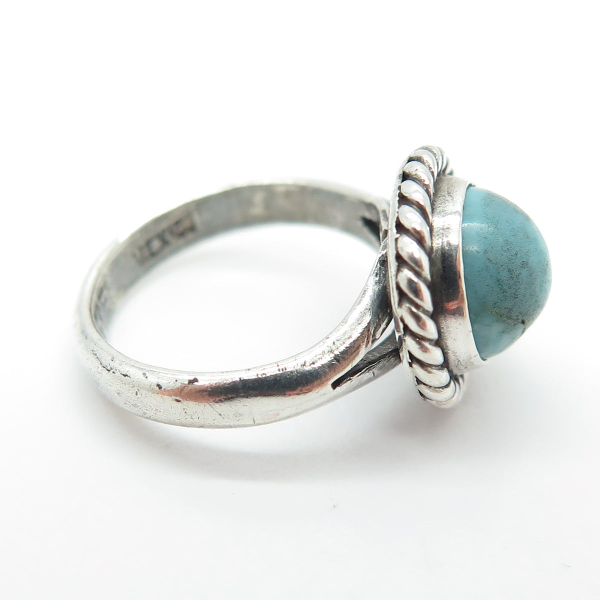 925 Sterling Silver Vintage Mexico Real Turquoise Roped Pinky Ring Size 2