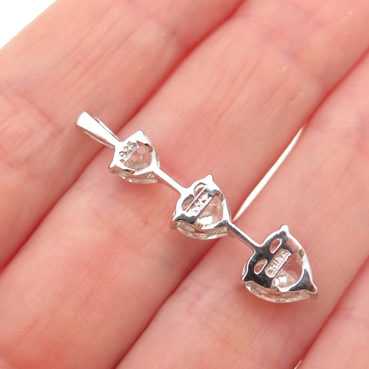 925 Sterling Silver Heart-Cut Graduated C Z Drop Charm Pendant