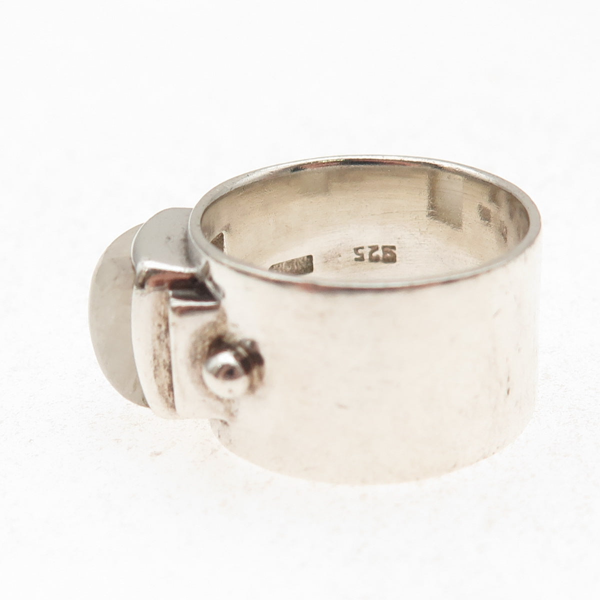 925 Sterling Silver Vintage Real Moonstone Modernist Oxidized Ring Size 9.25