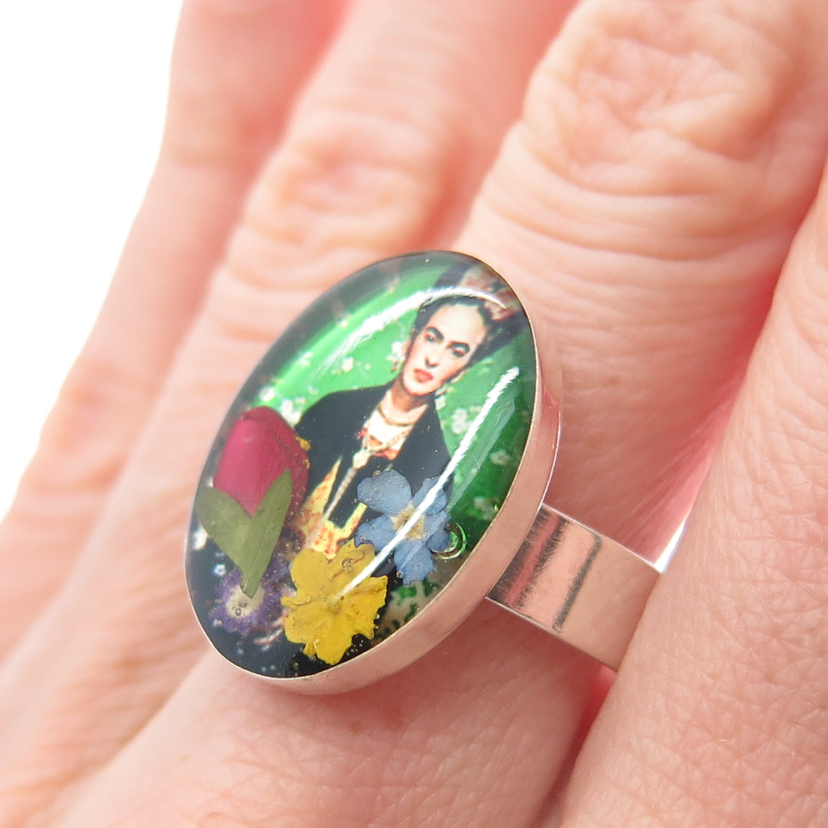 925 Sterling Silver Vintage Enamel Frida Kahlo Pressed Flowers Ring Size 8.75