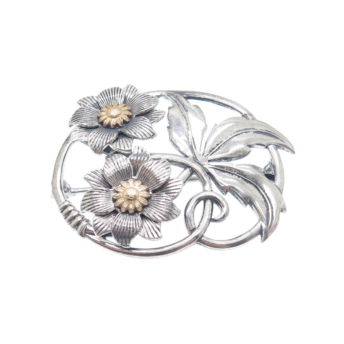 W. E. RICHARDS 925 Sterling Silver 2-Tone Antique Flower Oxidized Pin Brooch