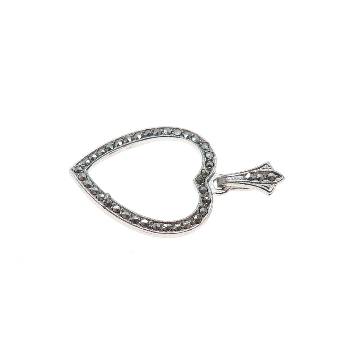 925 Sterling Silver Antique Art Deco Real Marcasite Heart Charm Pendant