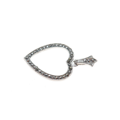 925 Sterling Silver Antique Art Deco Real Marcasite Heart Charm Pendant