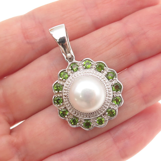 925 Sterling Silver Real Pearl & Round-Cut Peridot Charm Pendant