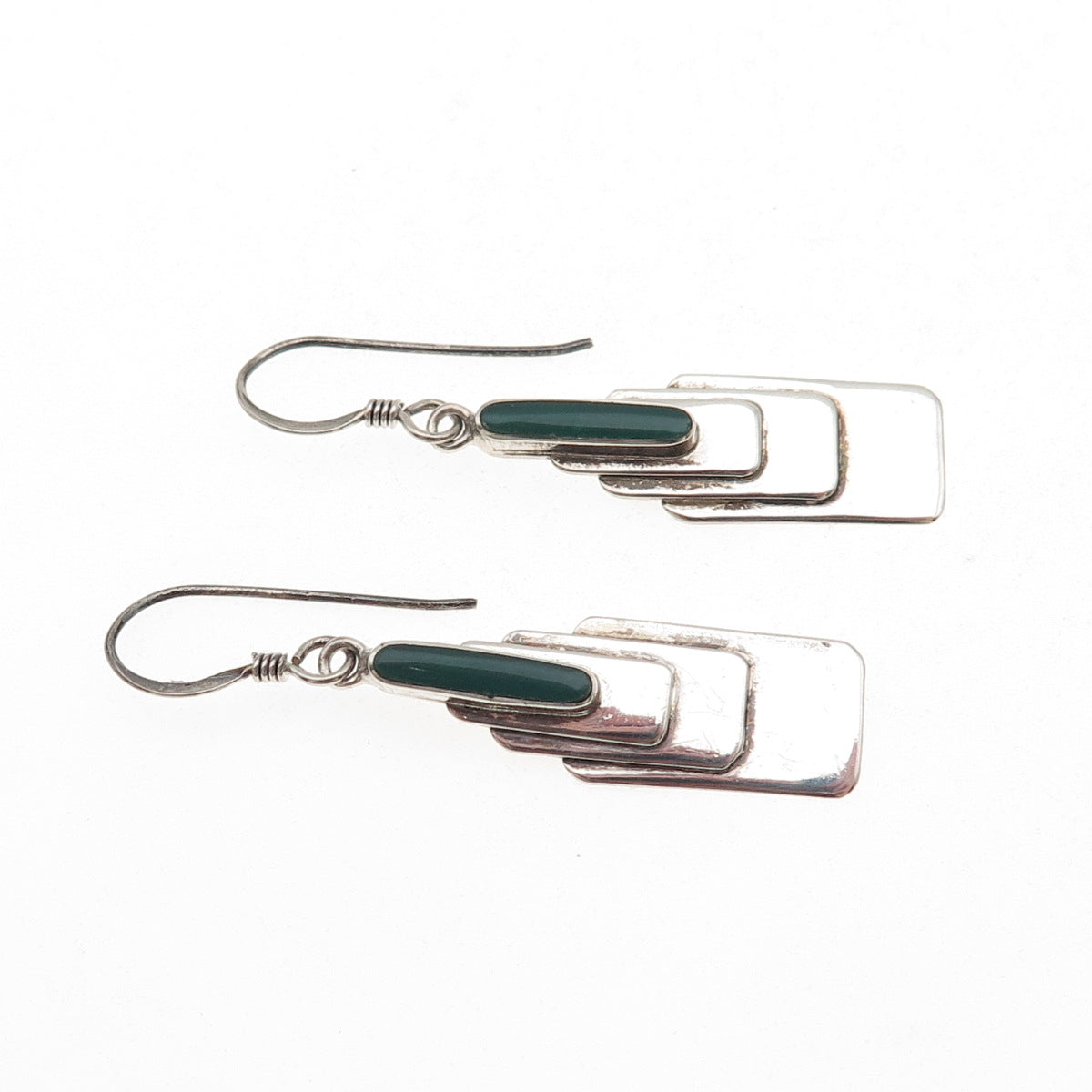 925 Sterling Silver Vintage Real Green Onyx Modernist Dangle Earrings