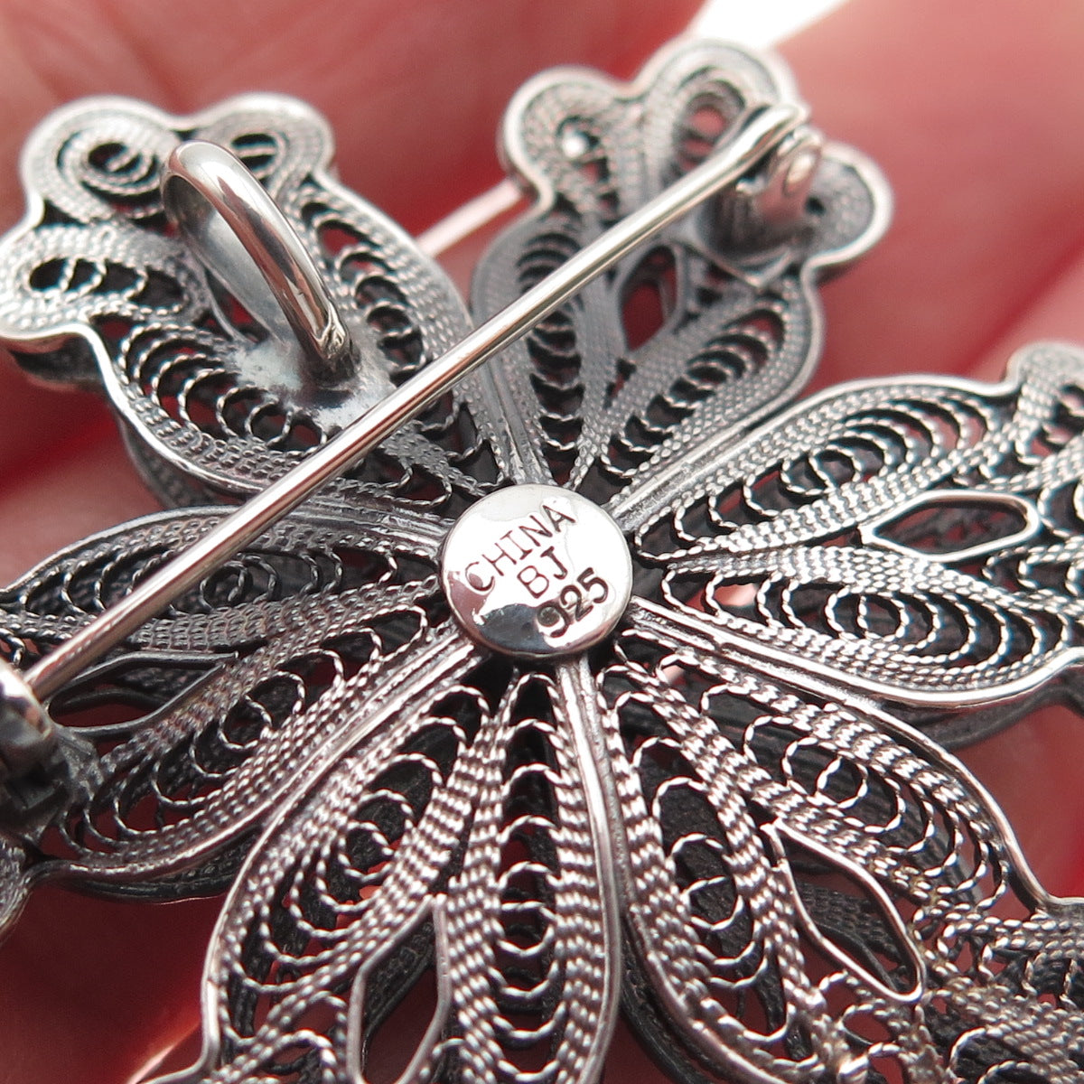 925 Sterling Silver Vintage Real Pearl Floral Filigree Oxidized Pin Brooch