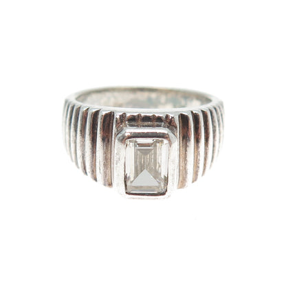 925 Sterling Silver Vintage Emerald-Cut C Z Ribbed Ring Size 8.25