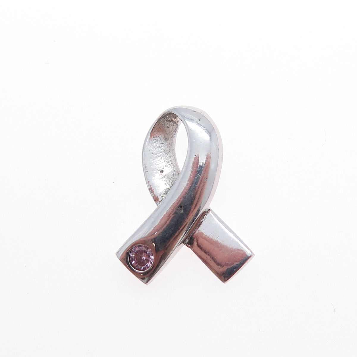 925 Sterling Vintage Pink C Z Breast Cancer Awareness Ribbon Mini Slide Pendant