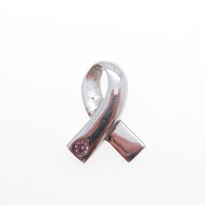 925 Sterling Vintage Pink C Z Breast Cancer Awareness Ribbon Mini Slide Pendant