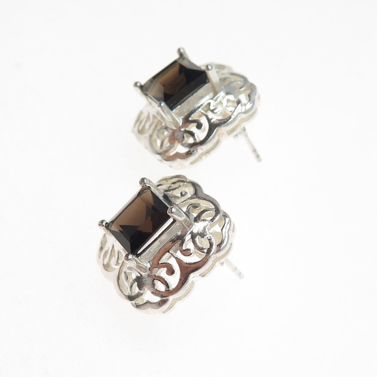 CLYDE DUNEIER CID 925 Sterling Silver Vintage Real Smoky Quartz Ornate Earrings