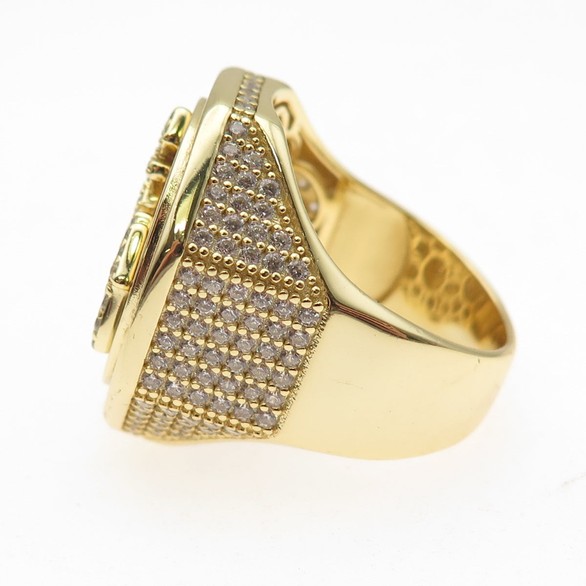 925 Sterling Silver Gold Plated Round-Cut C Z Allah Signet Ring Size 8.25