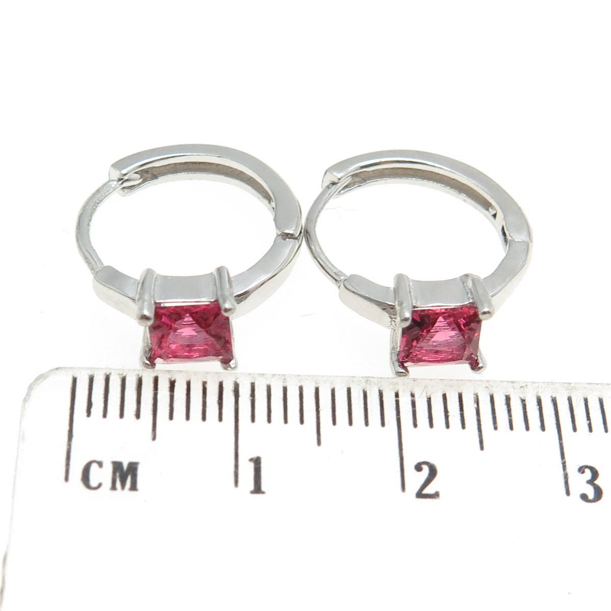 925 Sterling Silver Princess-Cut Pink C Z Hoop Earrings