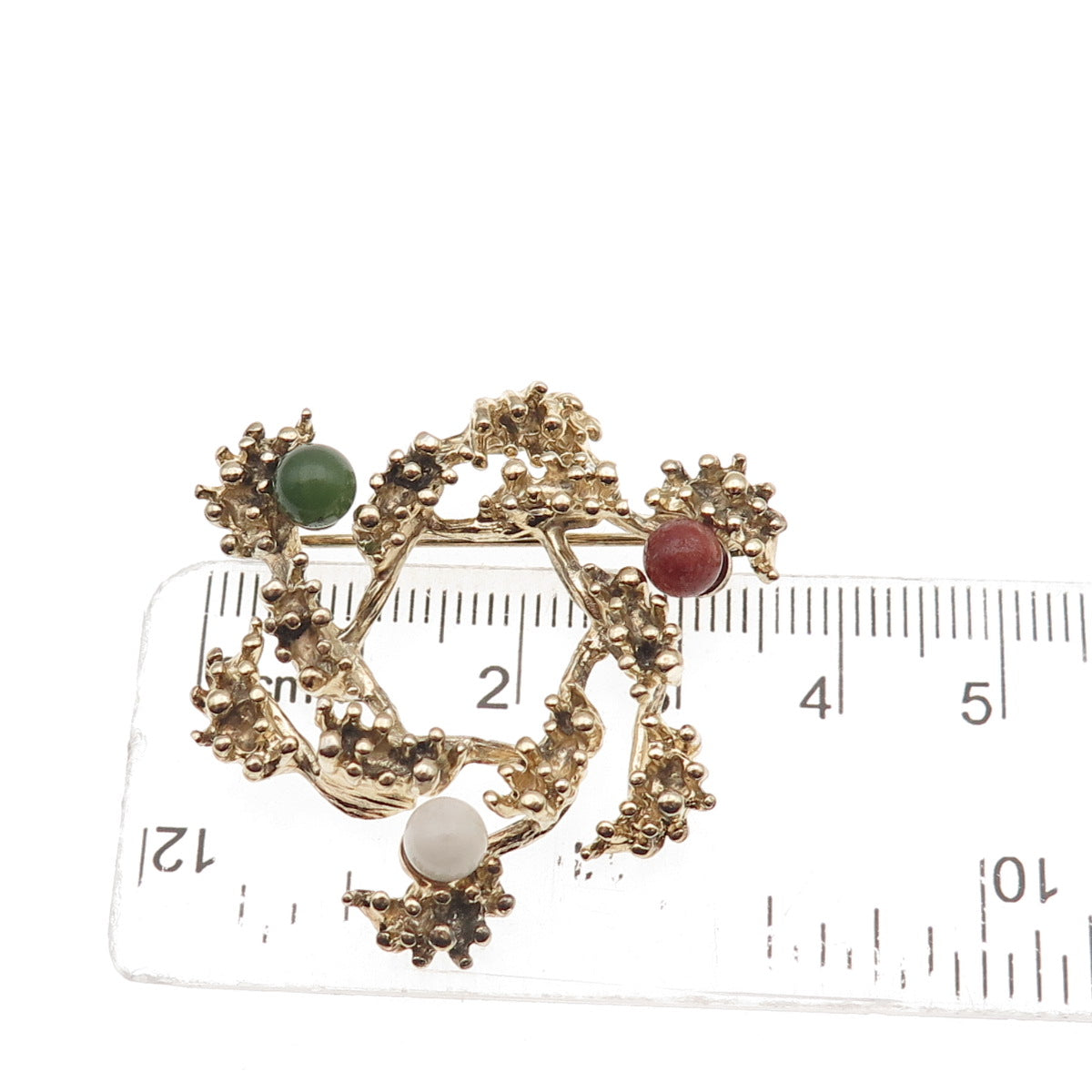 Wells 925 Sterling Gold Plated Vintage Real Jade Moonstone Rhodonite Pin Brooch