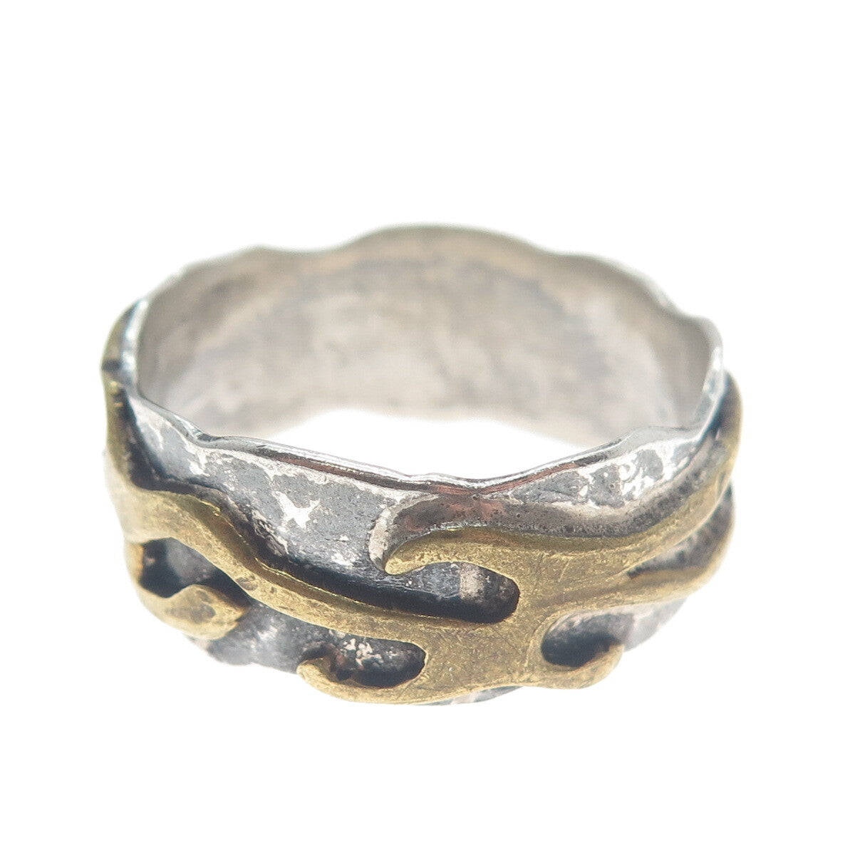 925 Sterling Silver 2-Tone Vintage Modernist Oxidized Band Ring Size 14.5