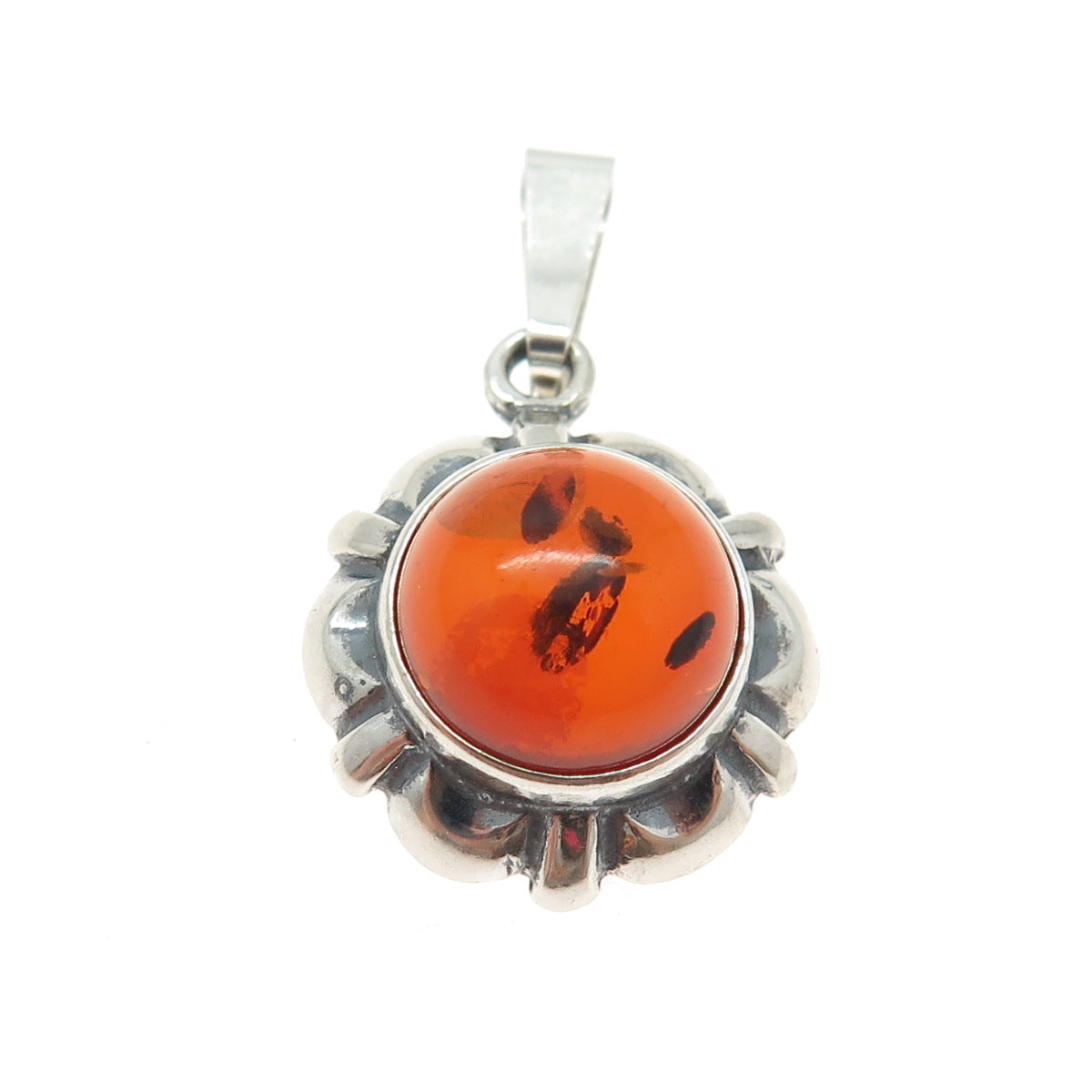 925 Sterling Silver Vintage Real Amber Flower Minimalist Pendant