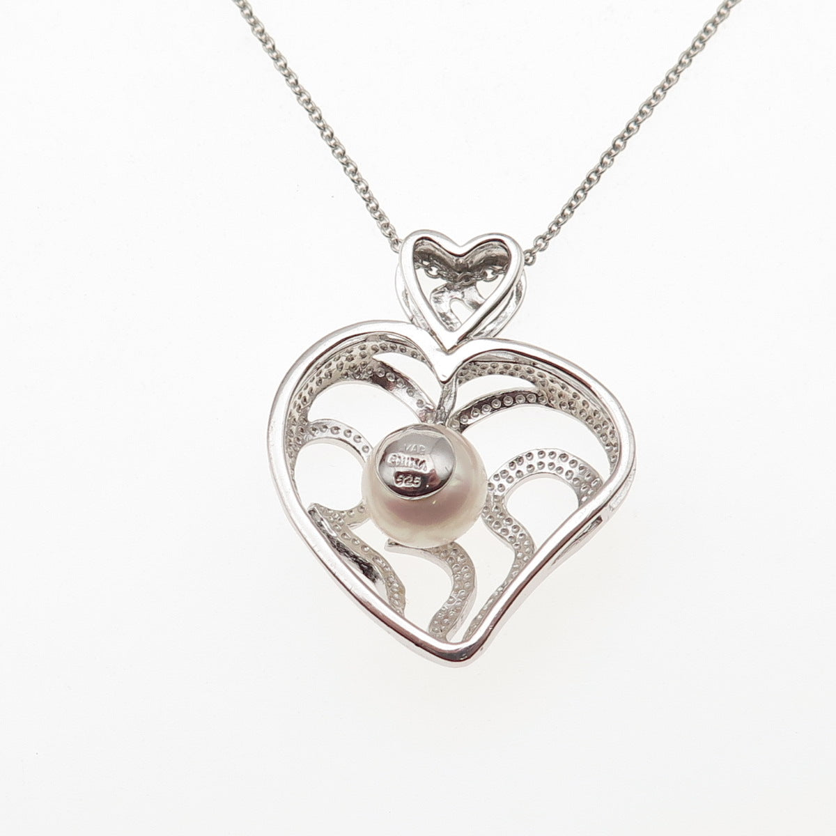 925 Sterling Silver Real Pearl Ornate Heart Cable Chain Necklace 18"