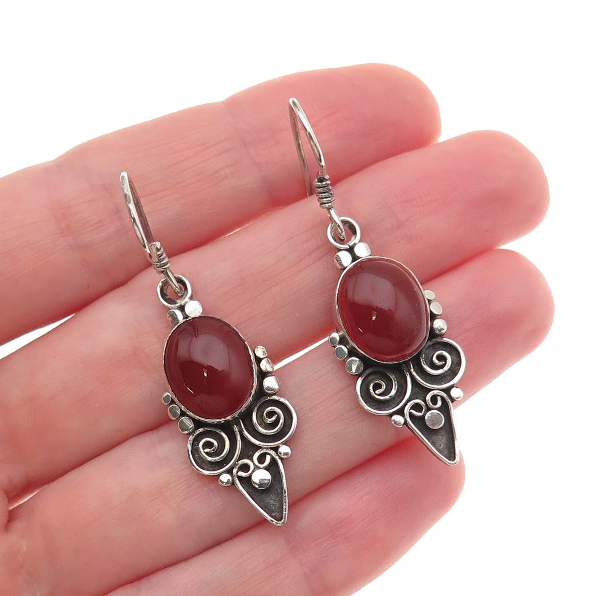 925 Sterling Silver Vintage Real Carnelian Floral Heart Oxidized Dangle Earrings