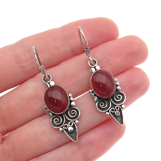 925 Sterling Silver Vintage Real Carnelian Floral Heart Oxidized Dangle Earrings