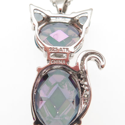 925 Sterling Silver Real Mystic Quartz & C Z Cat Cable Chain Necklace 18"