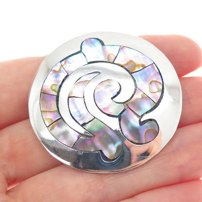 925 Sterling Silver Vintage Mexico Real Abalone Shell Tribal Symbol Pin Brooch