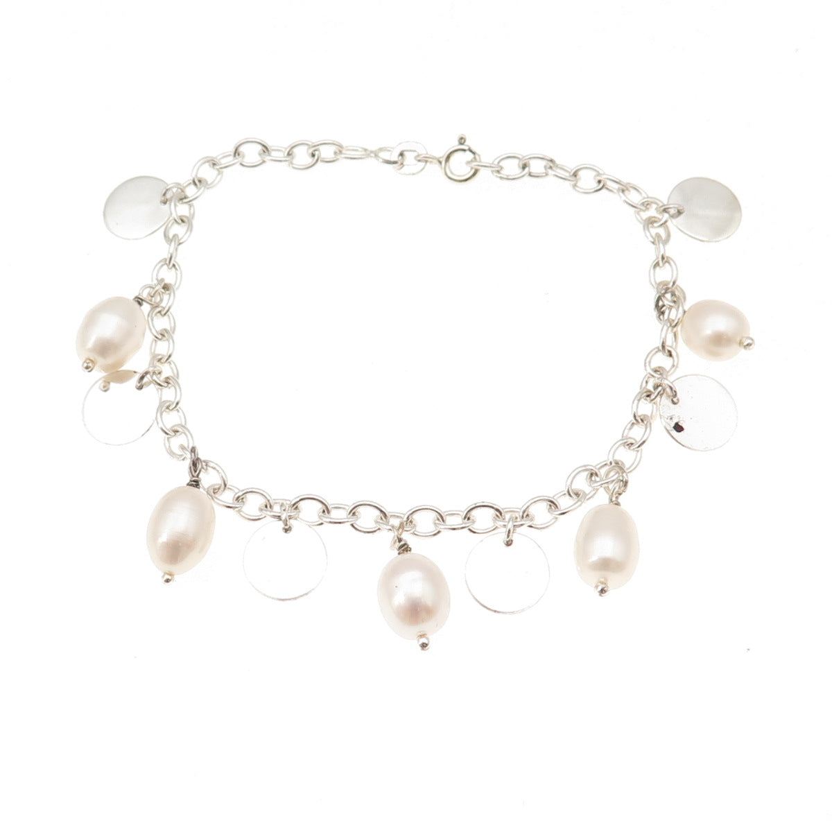 925 Sterling Silver Real Pearl Dangle Disc Charm Cable Link Bracelet 7"