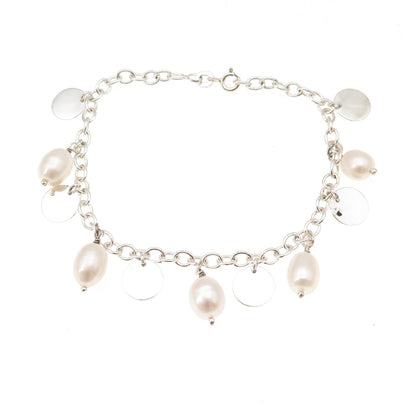 925 Sterling Silver Real Pearl Dangle Disc Charm Cable Link Bracelet 7"