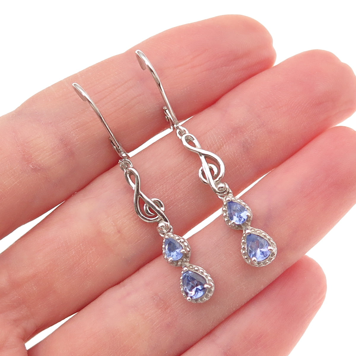 Chuck Clemency 925 Sterling Silver Real Tanzanite Treble Clef Dangle Earrings
