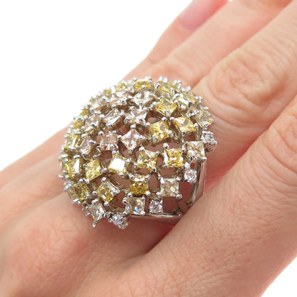 925 Sterling Silver Princess-Cut Champagne & Canary C Z Dome Ring Size 8