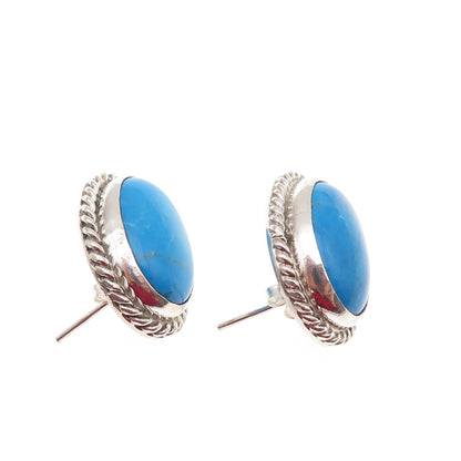 925 Sterling Silver Vintage Real Cabochon Turquoise Roped Earrings