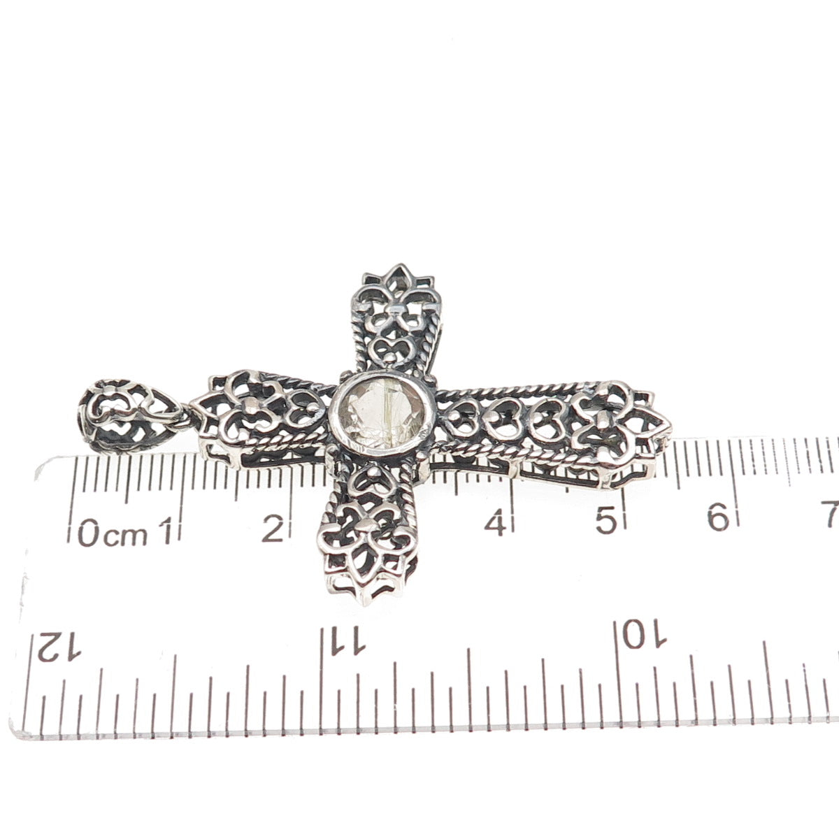 925 Sterling Vintage Real Rutilated Quartz Cross Fleur de Lis Charm Pendant