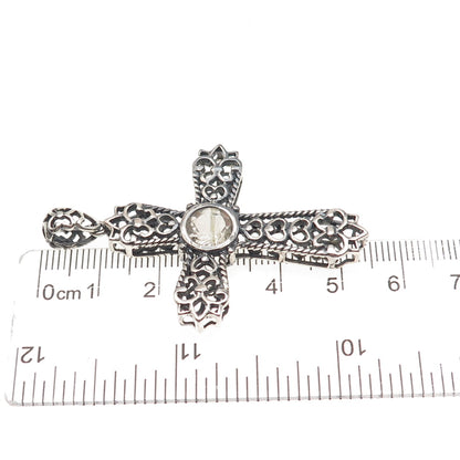 925 Sterling Vintage Real Rutilated Quartz Cross Fleur de Lis Charm Pendant