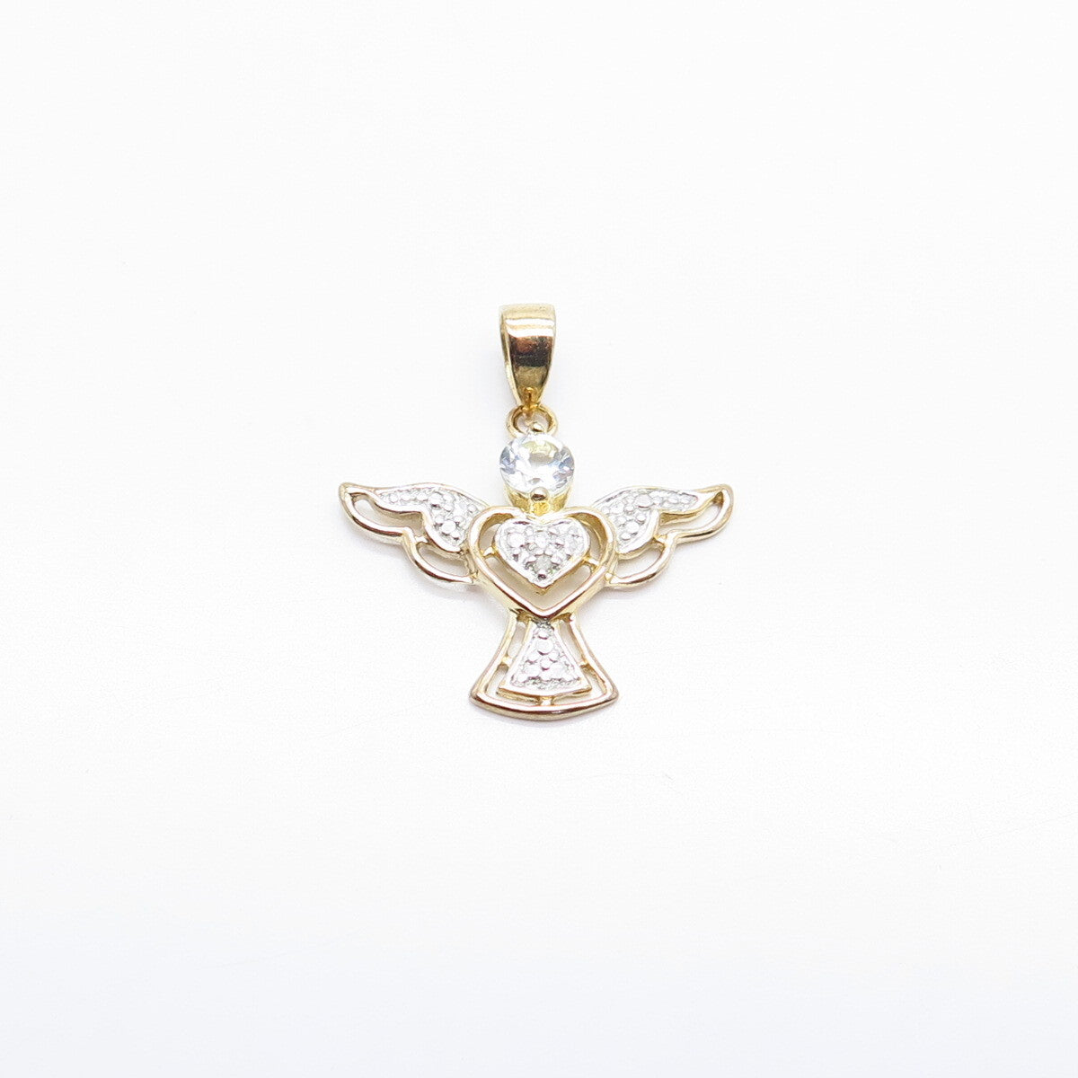 925 Sterling Silver Gold Plated Real White Diamond & White Topaz Angel Pendant