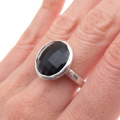 925 Sterling Silver Vintage Real Black Onyx Modernist Oxidized Ring Size 8