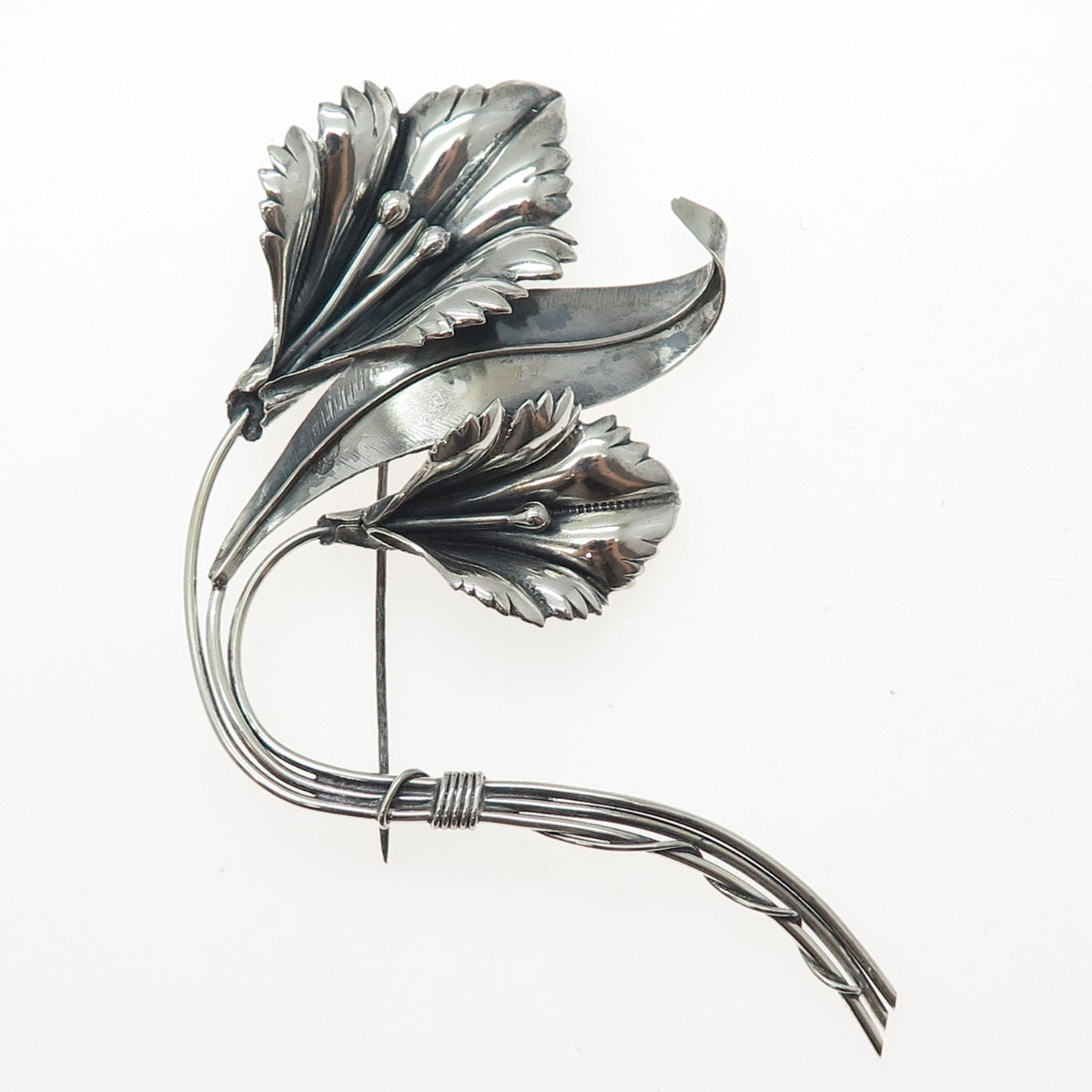 925 Sterling Silver Vintage Modernist Calla Lily Flower Oxidized Pin Brooch
