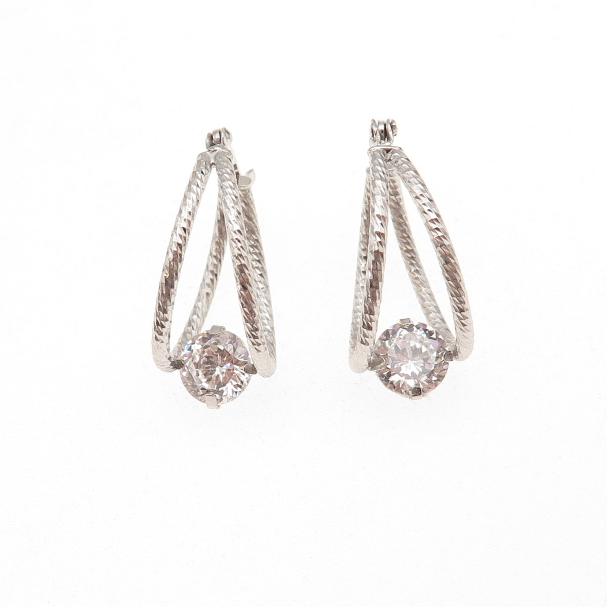 925 Sterling Silver Round-Cut C Z Hoop Earrings